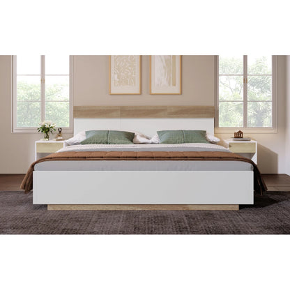 Doppelbett, Holzbett, schwebendes Bett mit Kopfteil des Bettrahmens und Lattenrost, 205 x 144 x 90,5 cm, Set in Eiche Sonoma/Weiß (ohne Matratze)