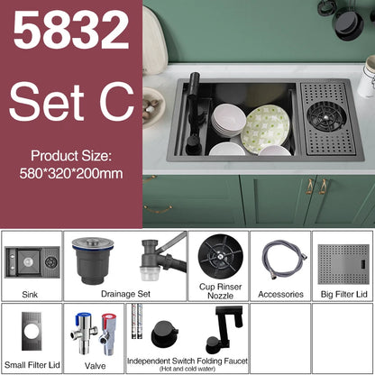 ASRAS Nano Black Small Size Kitchen Sink Cup Washer Hidden Bar Counter Cover Concealed Single Bowl Sinks With Lifting Faucet