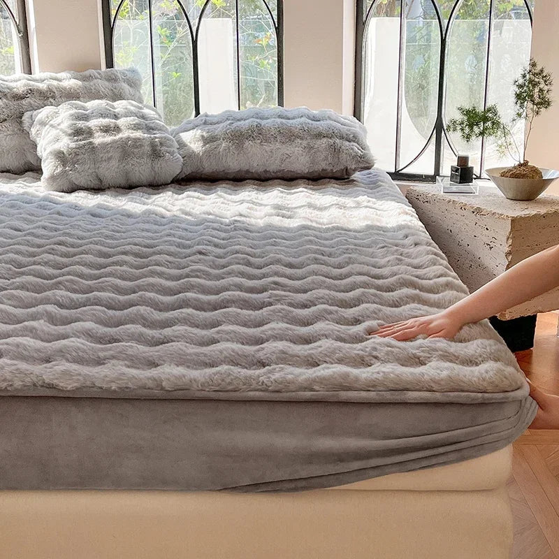 Fluffy Plush Fitted Bed Sheet Solid Color Long Hair Fleece Bed Cover For Double Bed fundas de colchón Winter Warm Mattress Cover