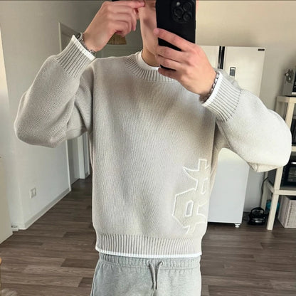 Y2K Round Neck Gray Knitted Sweater New Popular Symbol Pattern Retro Harajuku Pullover Autumn Winter Warm Boxy Men's Clothing.