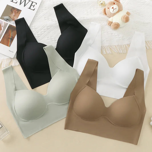 Ice Silk Wireless Bras For Women Comfort Strap Push Up Chest One Piece Outer Wear Bra Traceless Underwear Vneck Female Lingerie.