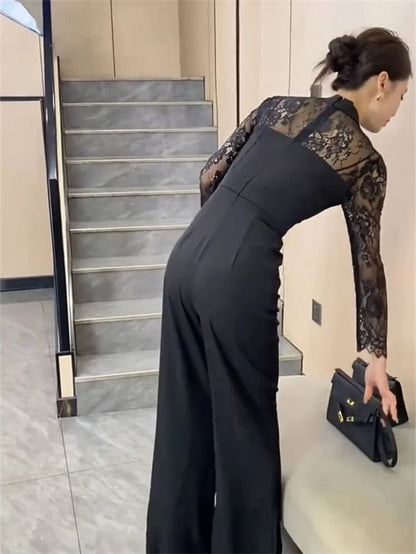 BESTBAFU Sexy Lace Patchwork Sheer Jumpsuit Women  Spring Elegant Office Formal Outfit Black High Waist Wide Leg Romper 126P.