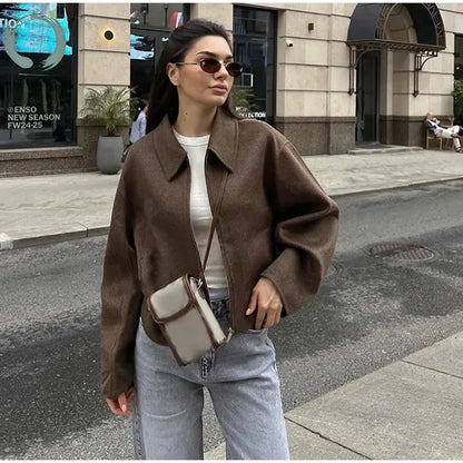 Mode Braun Zipper Woolen Jacke Für Frauen Elegante Revers Langarm Kurze Mäntel Weibliche Vintage Herbst Dame Straße Oberbekleidung