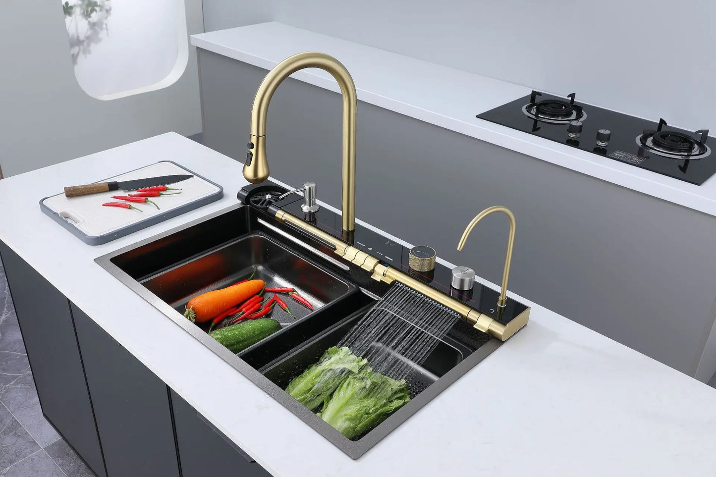 Golden Household Stainless Steel Waterfall Kitchen Sink MultiFunction Wash Vegetable and Dish Countertop Basin Large Single Slot