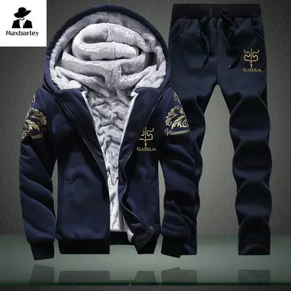 2024 New Winter Thick Men Sports Suit Tracksuit Hooded Sportswear Zipper Cardigan Hooded Woolen Trousers Pants Casual Men Set.