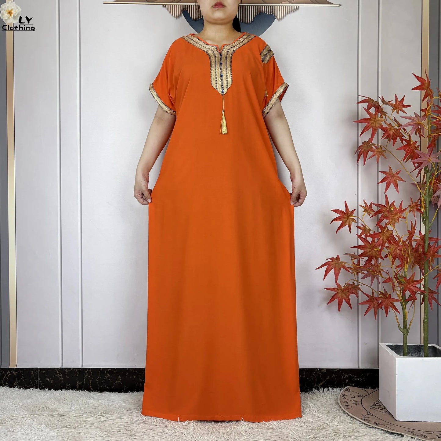 New Muslim Abayas Summer Short Sleeve African Dashiki Tassels Cotton Loose Caftan Lady Maxi Islam Casual Dresses With Headscarf.