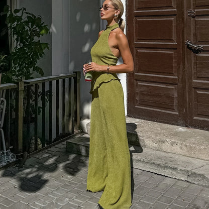 Tuularose Hanging Green Pants Set Sleeveless Backless Personality Temperament Commuter Two-piece Set Summer New Women Pants Set.