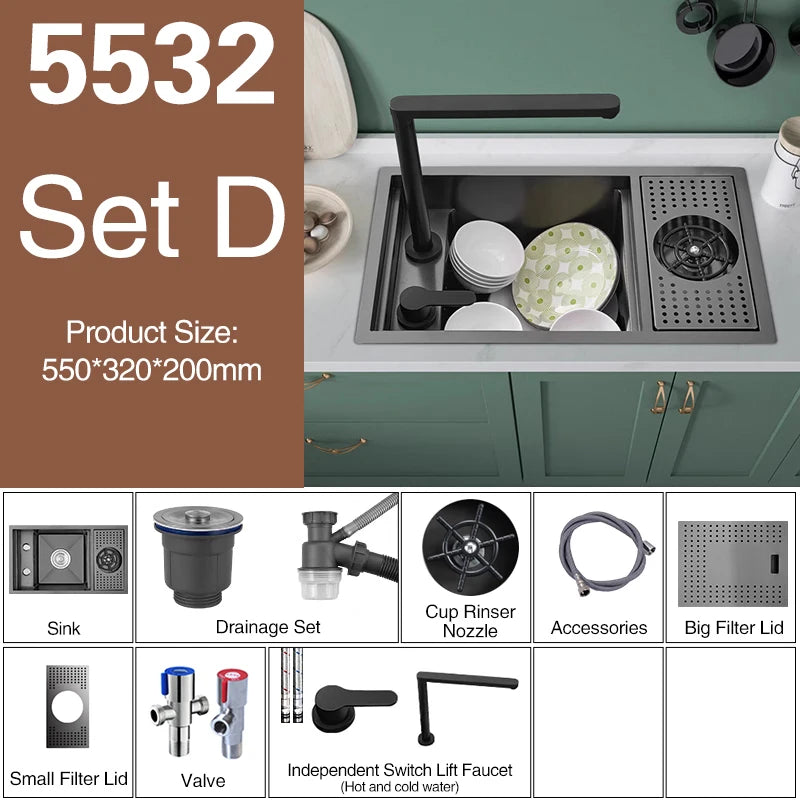 ASRAS Nano Black Small Size Kitchen Sink Cup Washer Hidden Bar Counter Cover Concealed Single Bowl Sinks With Lifting Faucet