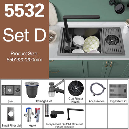 ASRAS Nano Black Small Size Kitchen Sink Cup Washer Hidden Bar Counter Cover Concealed Single Bowl Sinks With Lifting Faucet