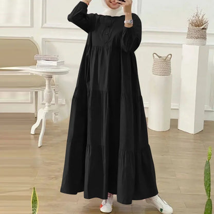 ZANZEA O Neck Casual Loose Maxi Dress Tiered Islamic Hijab Women Long Sleeve Long Vestidos Muslim Fashion Autumn Abaya Robes