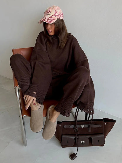 Bornladies Autumn Winter Women's New Turtleneck Knit Sweater Skinny Knit Pants Set Soft Oversized Ripped Hem Fashion Pullover