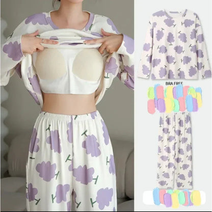 2PCS/Set Women Big Size with Chest Pads Pajamas Spring Autumn and Winter Long-Sleeved Headset Loose Homewear Can Be Worn Outside.
