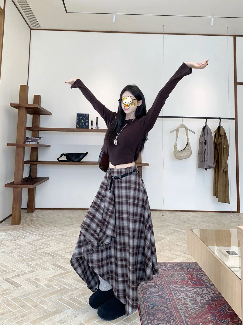 MEXZT Vintage Plaid Woolen Midi Skirt Women Y2K Harajuku Belt Asymmetrical Skirts Winter Gyaru Grunge Korean Design Faldas New