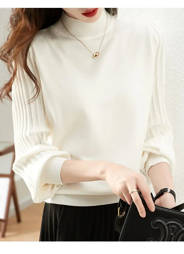 Women Half High Collar Base Sweater Autumn And Winter Casual Solid Knitted Tops Pit Stripe Long Sleeved Pullover Sweaters.