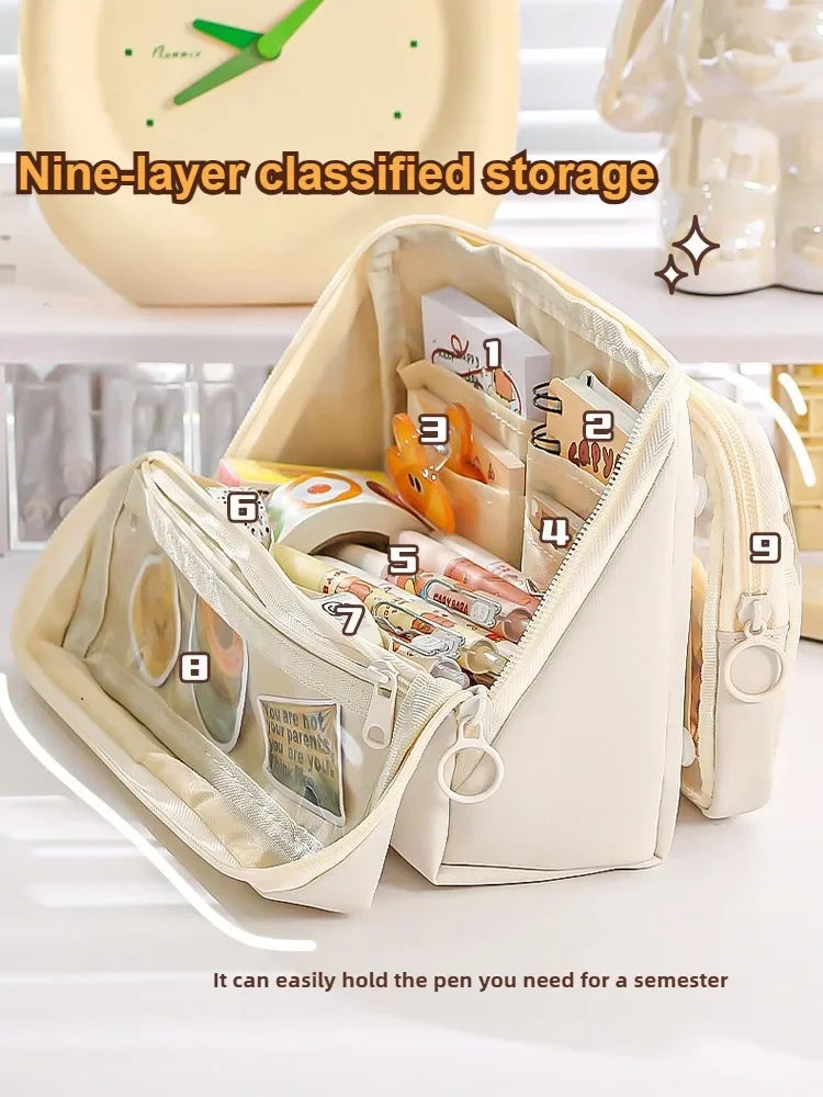 Neue 9-lagige doppelseitige abnehmbare Bleistifttasche mit großem Fassungsvermögen, wendbare Schreibwarentasche für Studenten, multifunktionale Aufbewahrungstasche.