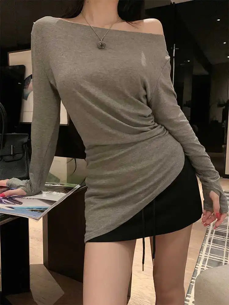 Sexy Long Sleeve T-Shirt Shoulder Bared Waist Cinched Slim Fit Knitted Cotton Solid Color Casual Urban Style for Early Autumn