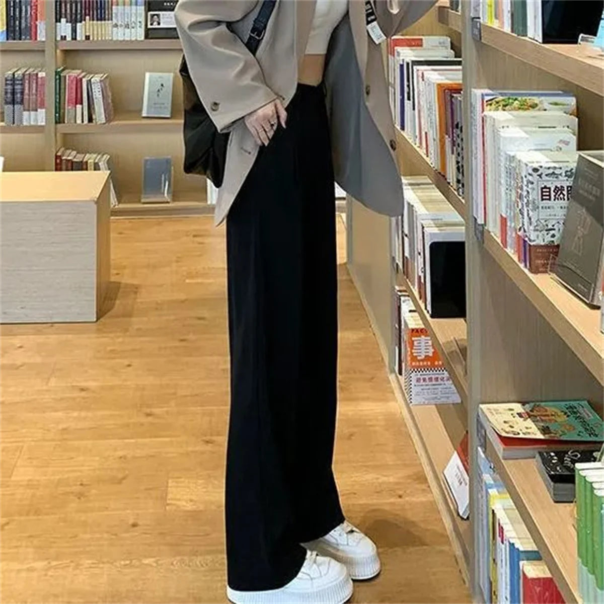 Fashion High Waist Wide Leg Pants Women Spring Fall Baggy Black Trouser Office Ladies Full Length Straight Suit Pant Outwear New.