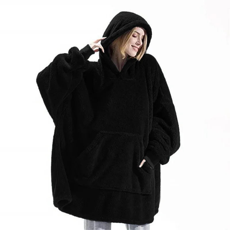 Women Winter Thick Warm Hooded Outerwear Solid Elegant Soft Double Fleece Jacket Unisex Pocket Pullover Long Hoodies Home Wear.