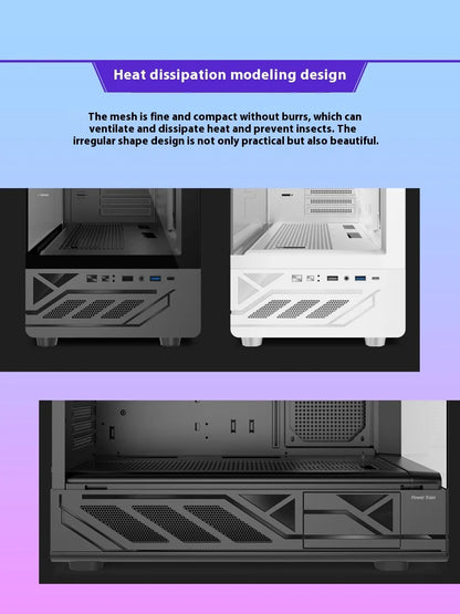 Power Train N5 MATX desktop room with a column-free sea view features a glass side computer case supports 360 water cooling.