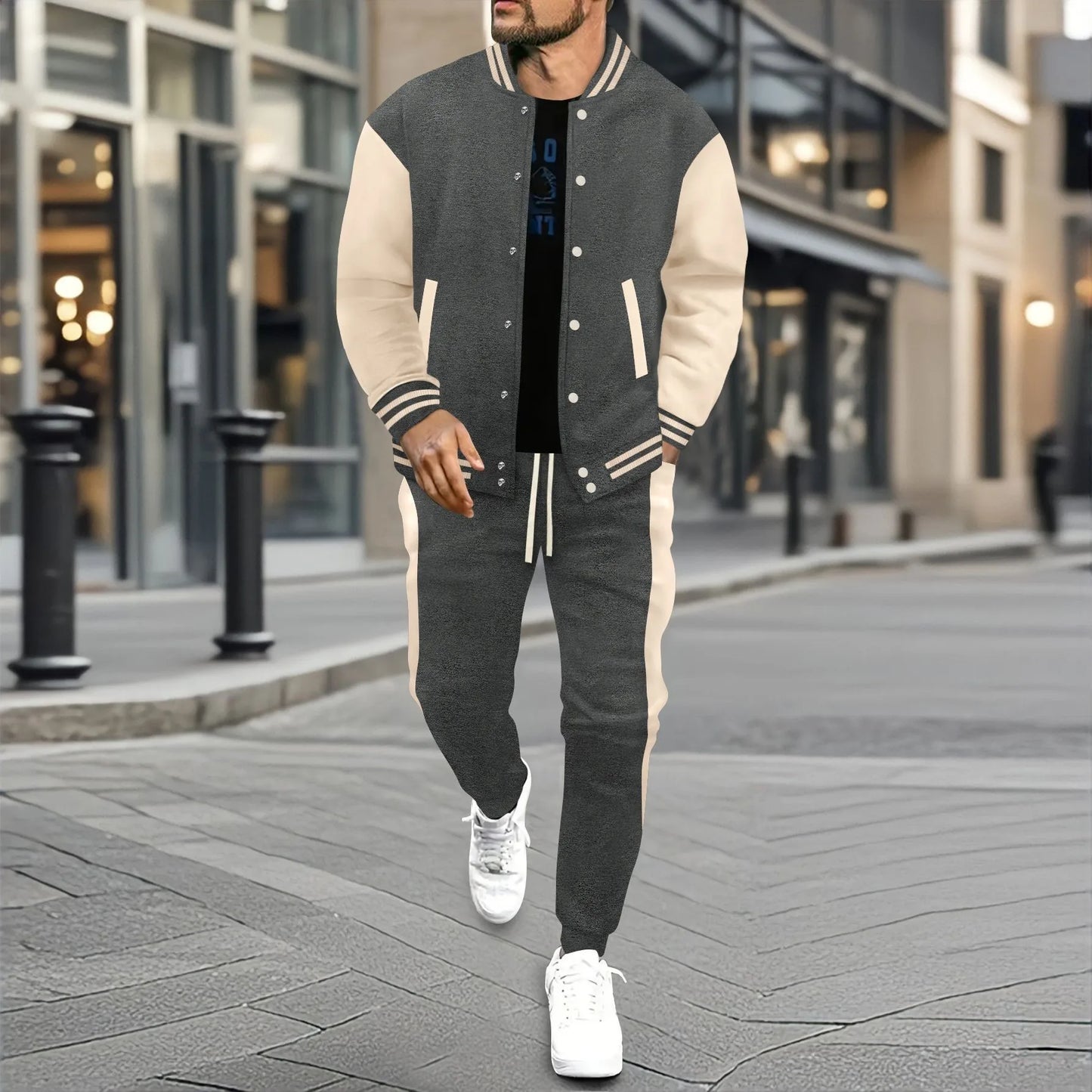 Men's new autumn and winter baseball jacket casual and versatile cardigan coat and color-block sport pants set.