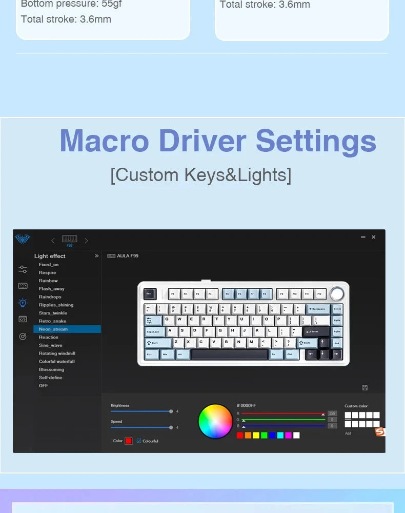 AULA F75 2.4G Wireless/Bluetooth/Wired Gaming Mechanical Keyboard RGB Customized 75% Layout OEM Profile Gasket Structure.