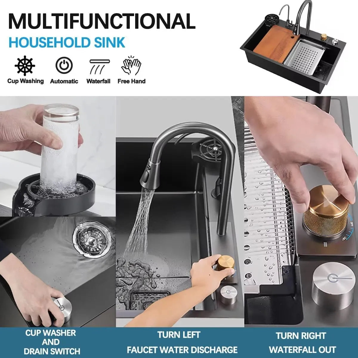 Wasserfall-Küchenspüle aus Edelstahl 304, Zughahn, Einzelschlitz, Hochdruckbecher, Waschmaschine, Café, Weinbar, Waschbecken