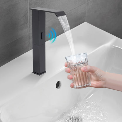 Touchless Sensor Faucet with Waterfall Spout, Adjustable Temperature Valve, Black Finish, Ideal for Kitchen and Bathroom Use