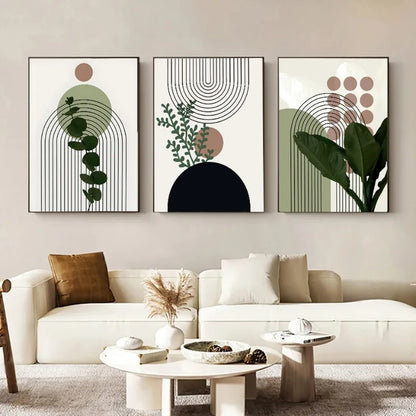 3 Pieces Bohemian Light Frameless Canvas Painting Simple Green Leaves Plant Poster Simple Lines Bedroom Decorative Wall Art.