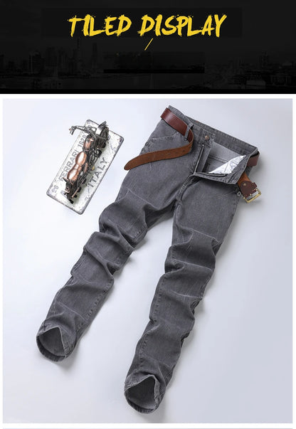 New Pure Gray Korean Slim Jeans Men's Stretch Tight Trendy Jean Trousers Branded Streetwear Comfortable Man Clothing Pants.