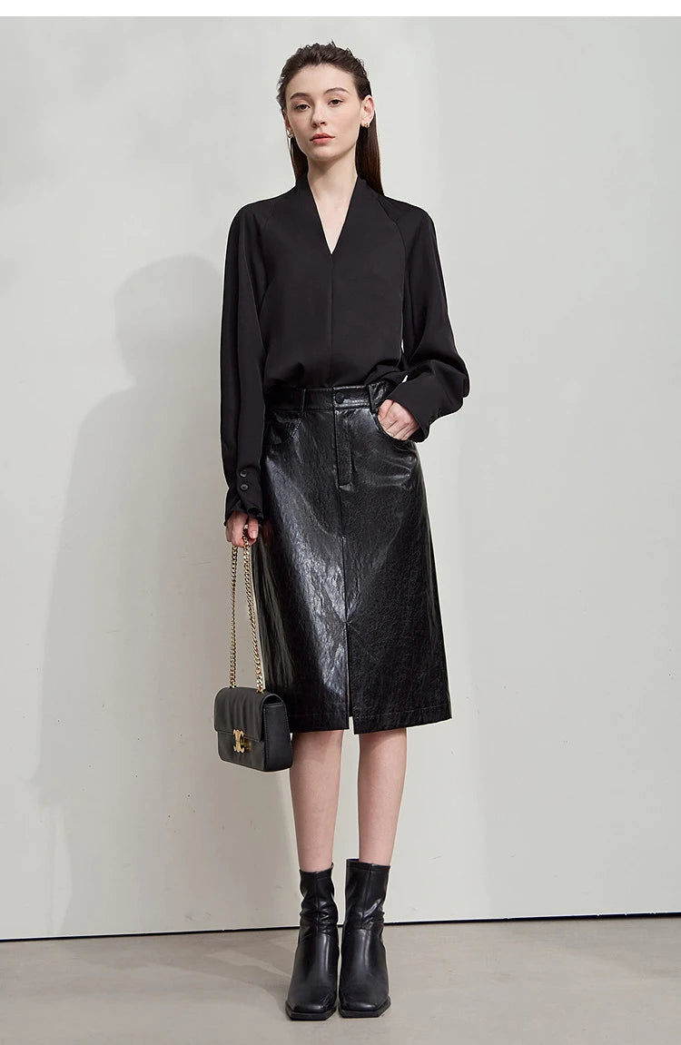 AMII Minimalist PU Leather Skirt For Women 2025 American Retro Knee-Length Skirt Solid Basics Business Women's Clothing 12553014