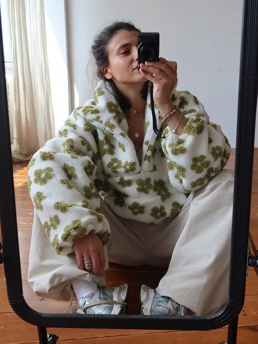 Sumuyoo Autumn Winter Women's Sherpa Floral Pullover Hoodies Half Zip Style Loose Fit Warm Stylish New Sweatshirt.