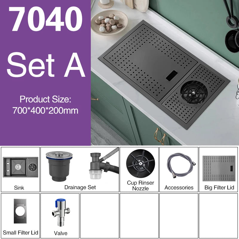 ASRAS Nano Black Small Size Kitchen Sink Cup Washer Hidden Bar Counter Cover Concealed Single Bowl Sinks With Lifting Faucet