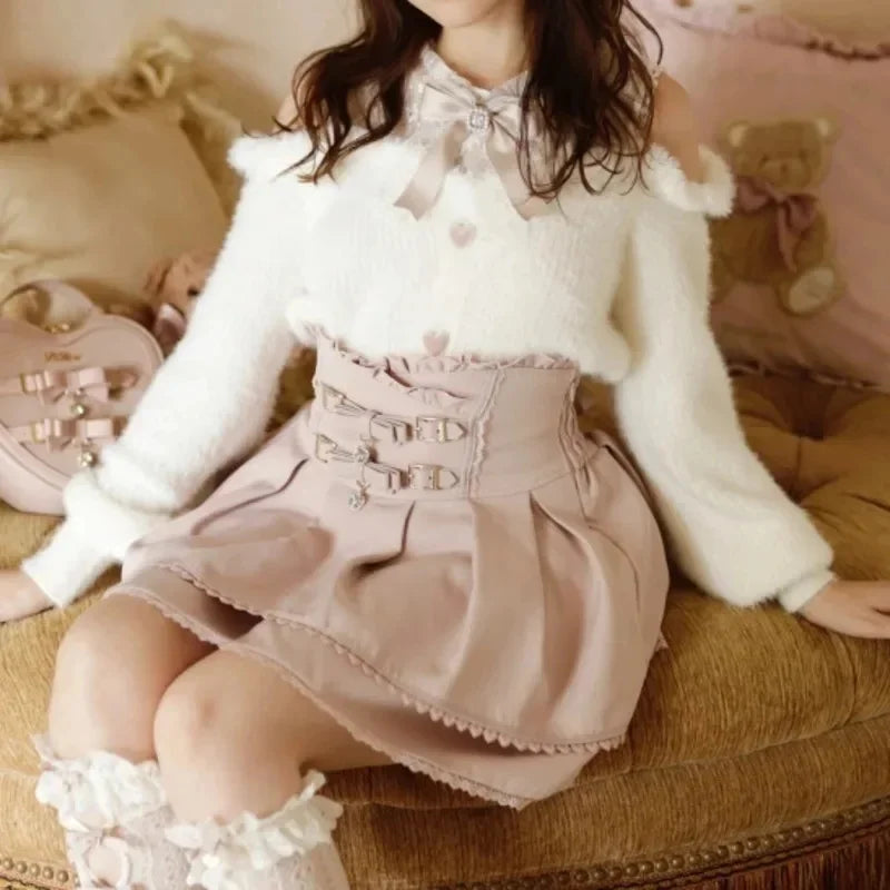 Japan Style High Waist Pleated Mini Skirts Bow Knot Design Mini Skirts Kawaii Slim Fit A-line Skirts Pink Lace Skirts For Women.