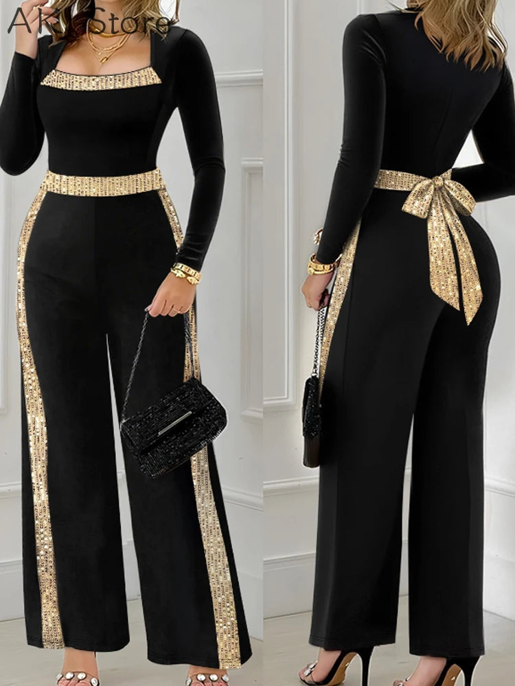 Sequin Bowknot Contrast Sequin Square Neck Long Sleeve Wide Leg Party Jumpsuit.
