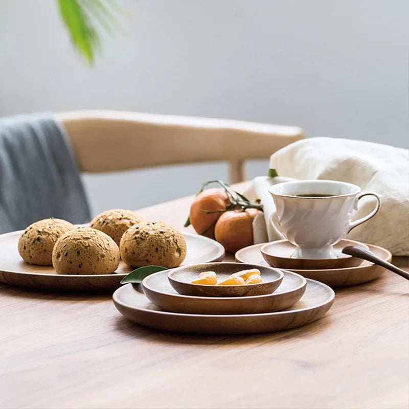 Wooden Trays Round Storage Plate SolidWood Coffee cup Mat KitchenDecorative Plate Fruit Bread TablewareHome Decoration.
