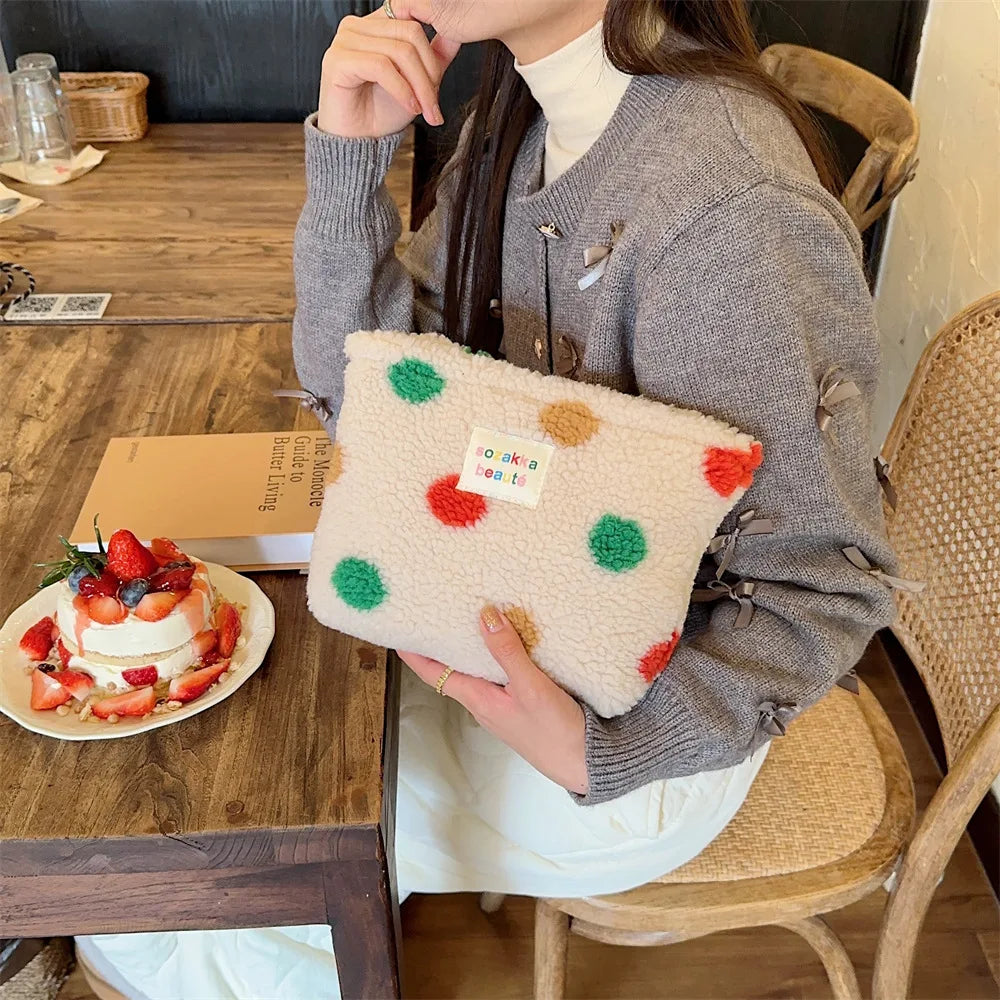 New Colorful Striped Dot Plush Clutch Cosmetic Bag Large Capacity Makeup Pouch Toiletries Bag Travel Outdoor Makeup Storage.