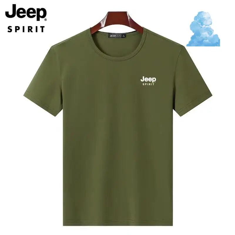 JEEP SPIRIT Mens T-shirt Summer 100%Cotton 230g Heavy Print Sports Breathable Round Neck Top Loose Solid Short Sleeve.