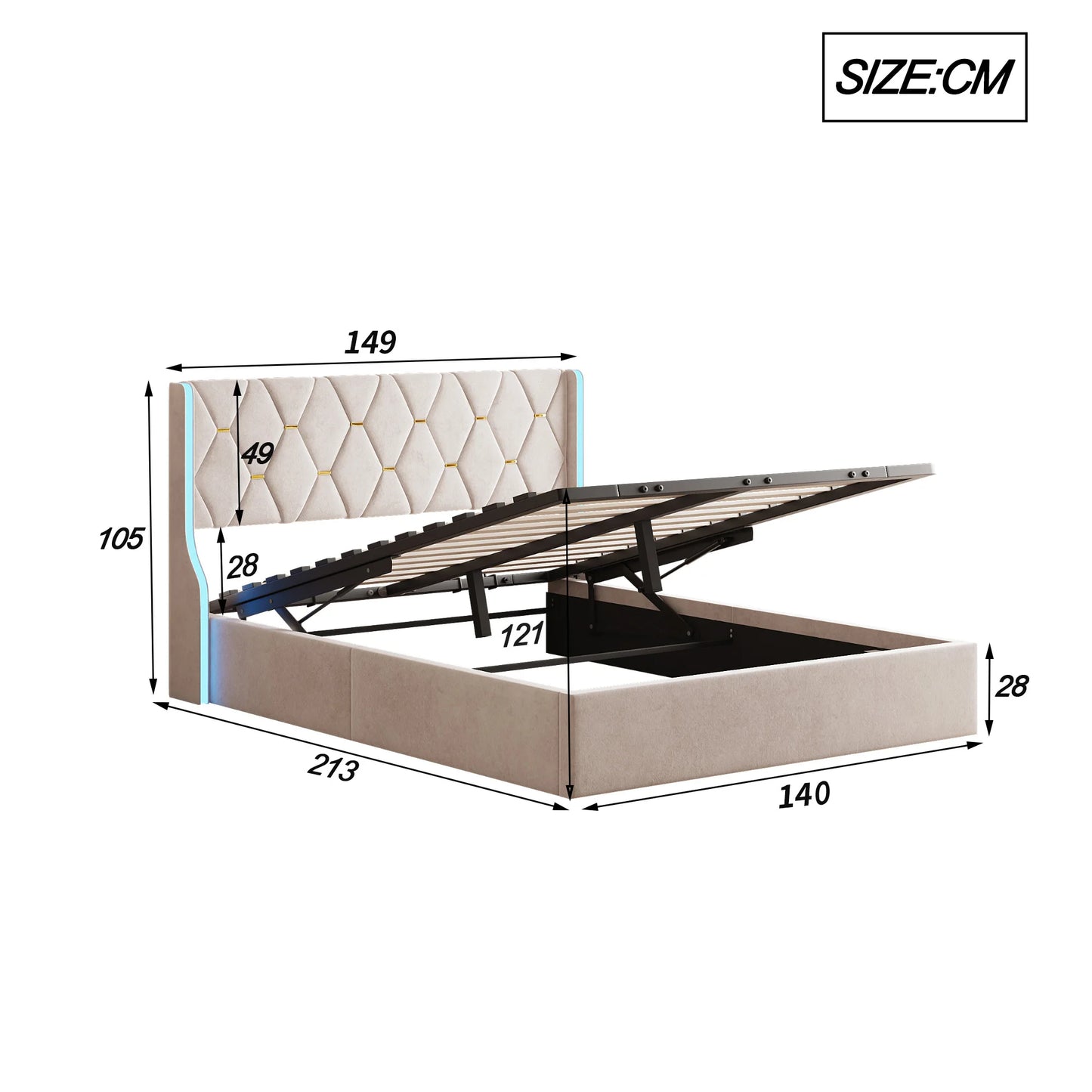 Comanlai 140 x 200 cm/160 x 200 cm hydraulisches Bett mit Stauraum, gepolstertes Bett mit Kopfteil, Kopfteil mit LED-Leuchten, Doppelbett, Flanell