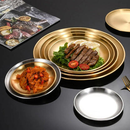 1Pcs Gold Stainless Steels Metal Round Plate Rust-Proof Shallow Tray Plate Camping Plate BBQ Picnic Dishes Cookware Tableware.