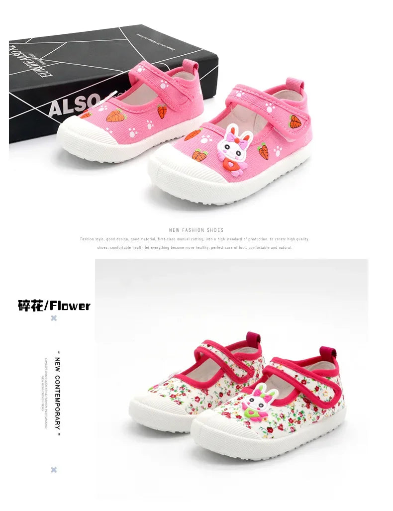 JGSHOWKITO Girls Canvas Shoes Soft Sports Shoes Kids Running Sneakers Candy  With Cartoon Rabbit Carrots Prints Children.