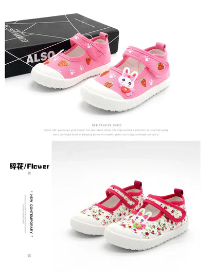JGSHOWKITO Girls Canvas Shoes Soft Sports Shoes Kids Running Sneakers Candy  With Cartoon Rabbit Carrots Prints Children.