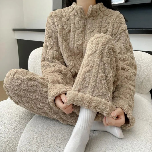 2-teiliges Set, verdickt, warm, modisch, Samt-Pyjama, Herbst-Winter, gepolstert, Damen, lässig, elastisch, gestreift, bequem, Homewear