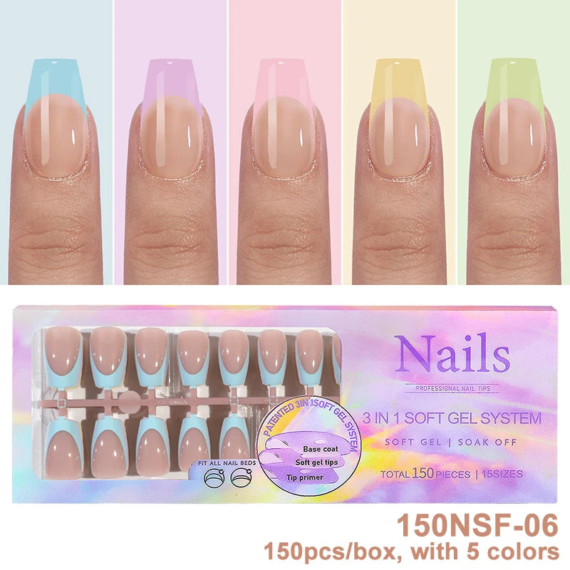 150Pcs/Box Acrylic Press on Nails Full Cover Fake False Tips Soft Gel Extension T-shaped Oval Capsule Almond Sculpted Salon DIY.