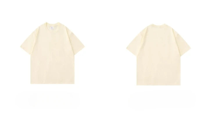 Beige 300g Heavyweight Cotton Short Sleeved T-shirt Summer Round Neck Loose and Base Shirt for Men Women Basic Tee.