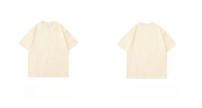 Beige 300g Heavyweight Cotton Short Sleeved T-shirt Summer Round Neck Loose and Base Shirt for Men Women Basic Tee.