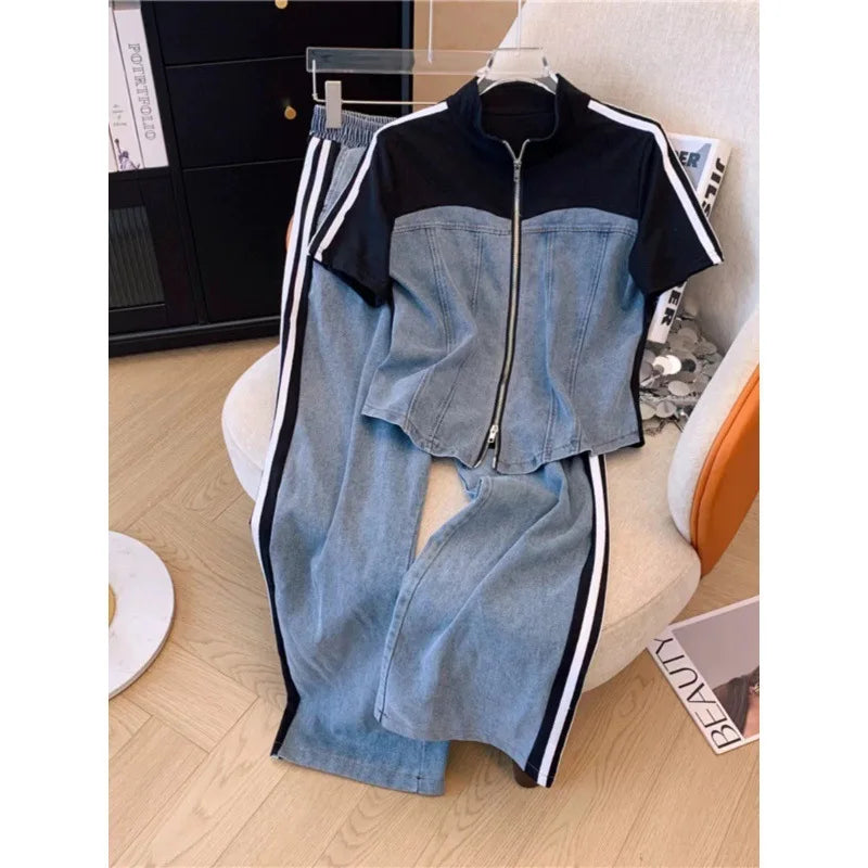 Pant Set Women Two Piece Sets Denim Splice Zipper Matching Sets Casual Coats Wide Leg Long Pants Lace Up Elastic Waist 2025.