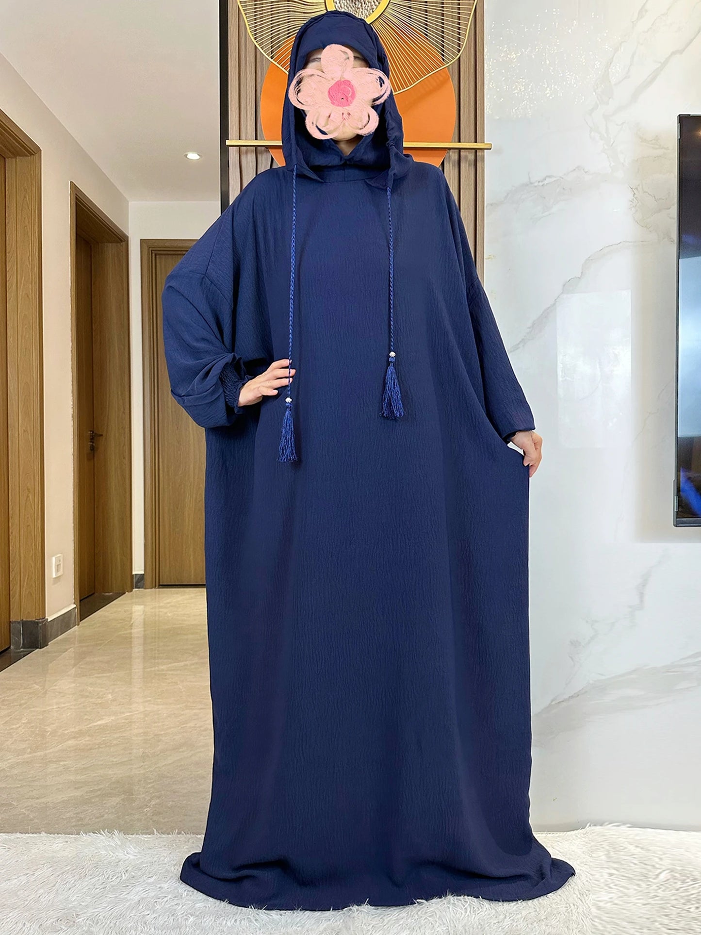 Muslim Abaya Solid Cotton Pullover Two Hat Women Eid Hooded Long Maxi Dress Turkey Kaftan Arab Robe Islamic Hijab Dubai Clothing.
