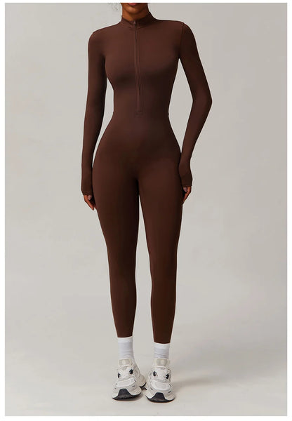 Zipper Workout Jumpsuit Sports Overalls Women Gym Clothing Running Long Sleeves Fitness Gym Tracksuit Short Sportswear Yoga Set.