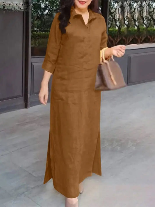 Zanzea Mode Frühling Revers Hals 3/4 Ärmel solide Kaftan Sommerkleid elegante Frauen langes Hemd Kleid Robe Femme Arbeit Party Vestido