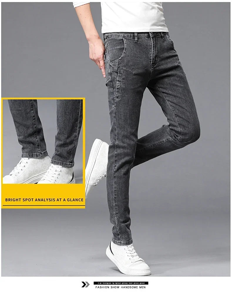 2024 New Men's Skinny Jeans Blue Gray Cotton Elasticity Straight Pencil Foot Slim Fit Fashionable Casual Denim Long Pants Male
